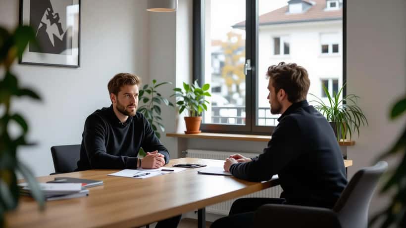 Uomo in consulenza psicologica dopo evento traumatico, ufficio moderno Basilea