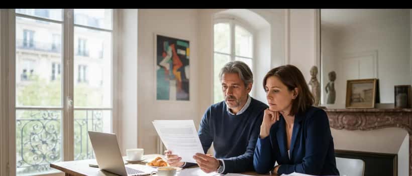 Un couple français examine des documents officiels municipaux à table, expression sérieuse, lumière naturelle