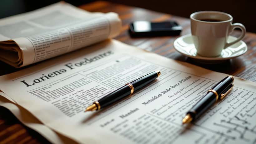 Scrivania di un giornalista freelance a Napoli con articoli stampati e documenti legali di successione