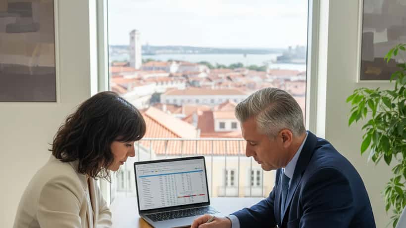Consultor fiscal português revê declaração de IRS com cliente em escritório em Lisboa