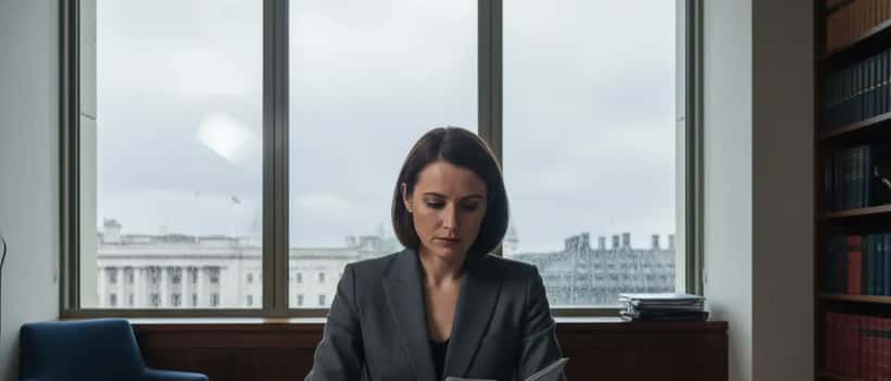 Professional British woman in formal suit at a government office desk reviewing passport documents, London setting