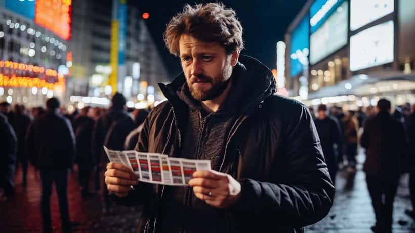 Konzertbesucher hält Tickets vor einem Berliner Konzertgebäude und schaut auf sein Smartphone