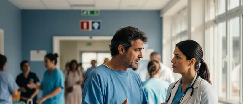 Doente português a falar com médico em corredor de hospital movimentado