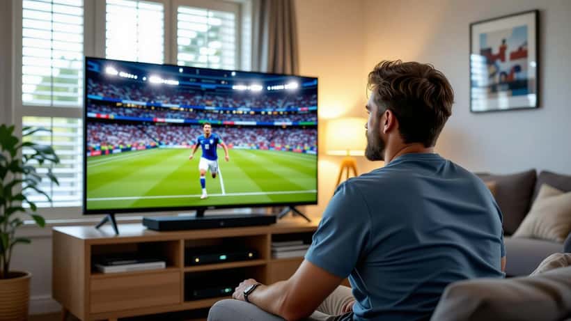 Australian man adjusting smart TV streaming WC2026 football in suburban living room