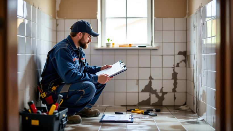 Hantverkare inspekterar badrumsrenovering i svenskt hem 2026