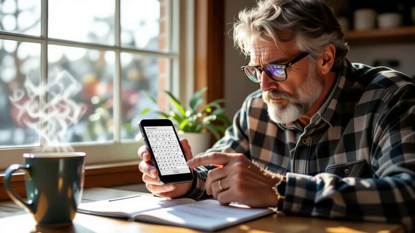 Person in reading glasses studies a mini crossword puzzle on smartphone at a sunlit kitchen table with coffee