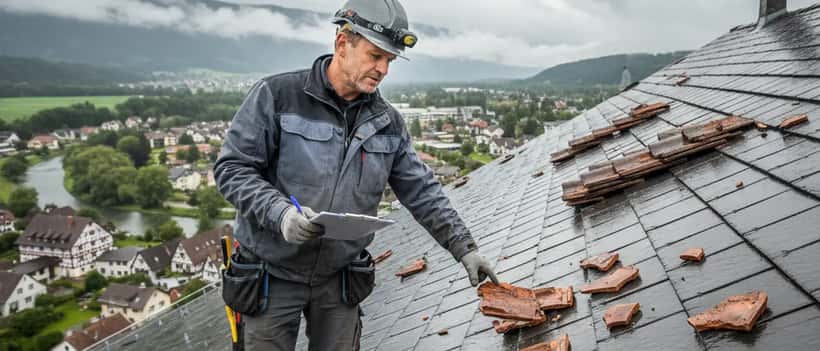 Handwerker begutachtet Sturmschäden am Dach nach Unwetter auf den Kanaren
