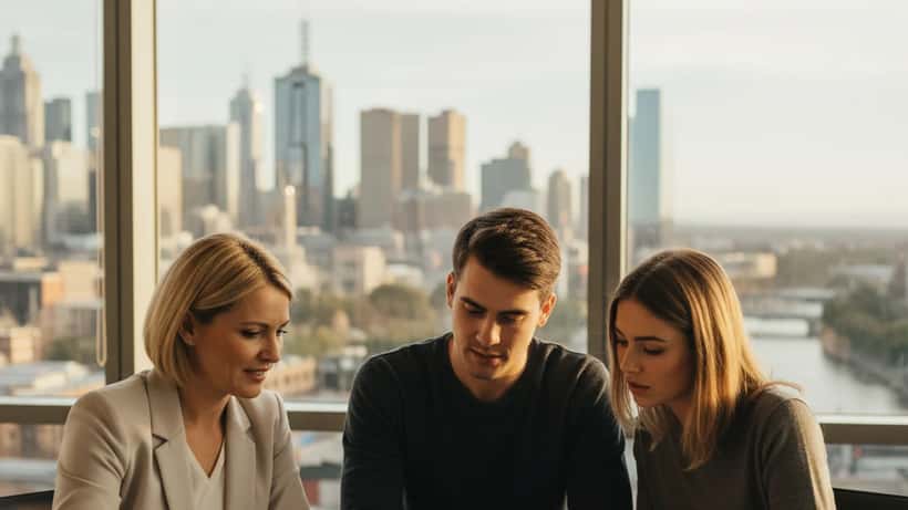 Financial adviser reviewing mortgage documents with clients in Melbourne office