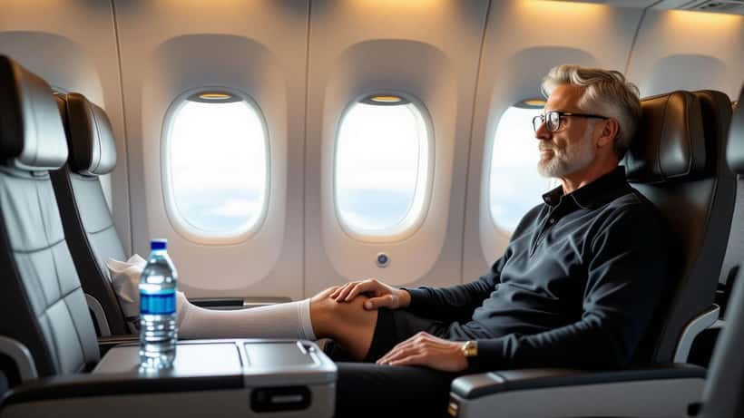 Passager i flysæde laver ankel-øvelser med kompressionsstrømper for at forebygge trombose under langdistanceflyvning