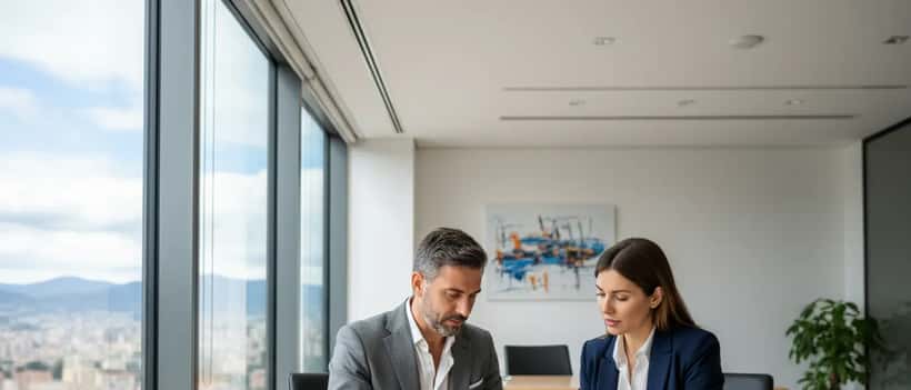 Uomo italiano che consulta un consulente finanziario in ufficio moderno