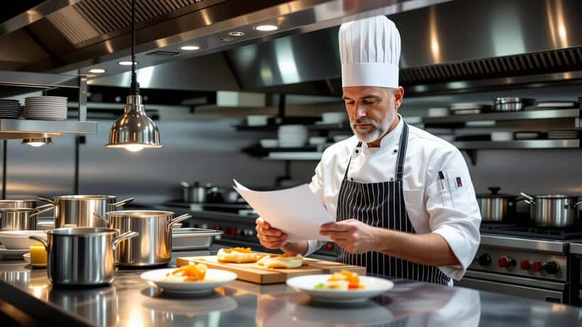 Kok gennemgår en juridisk kontrakt på et professionelt restaurantkøkken i København