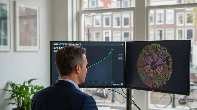 Nederlandse financieel adviseur analyseert ASML aandelenkoers op dual monitors in Amsterdam kantoor