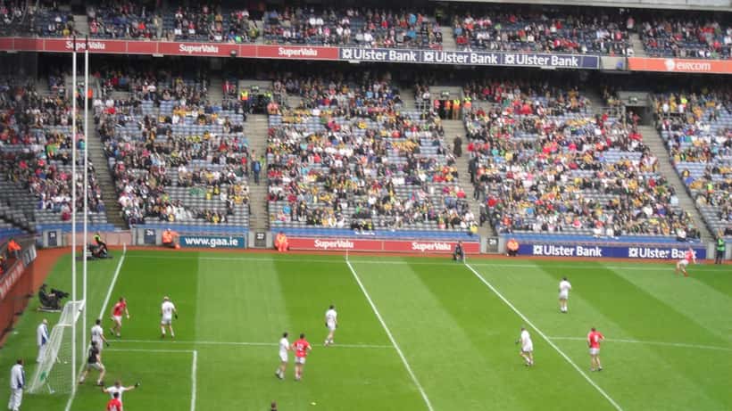 Gaelic football players competing in a match at Croke Park during the 2026 GAA championship