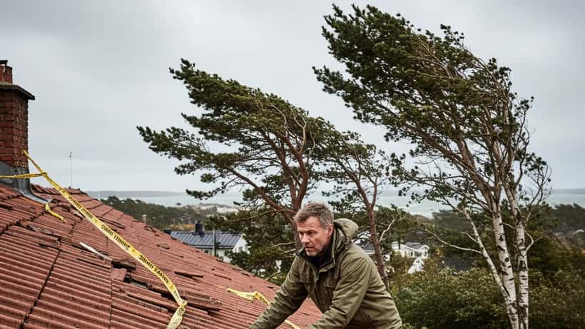 Hantverkare inspekterar tak efter storm i Göteborg med grå himmel och starka vindbyar