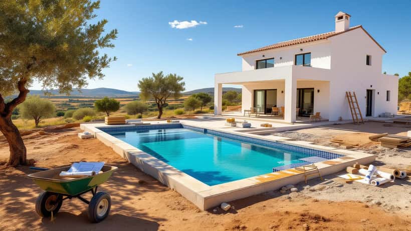 Piscina em construção num monte alentejano com documentos de licenciamento de obras