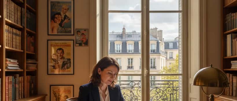 Avocate parisienne étudiant des contrats de droits d'auteur cinématographiques dans son bureau