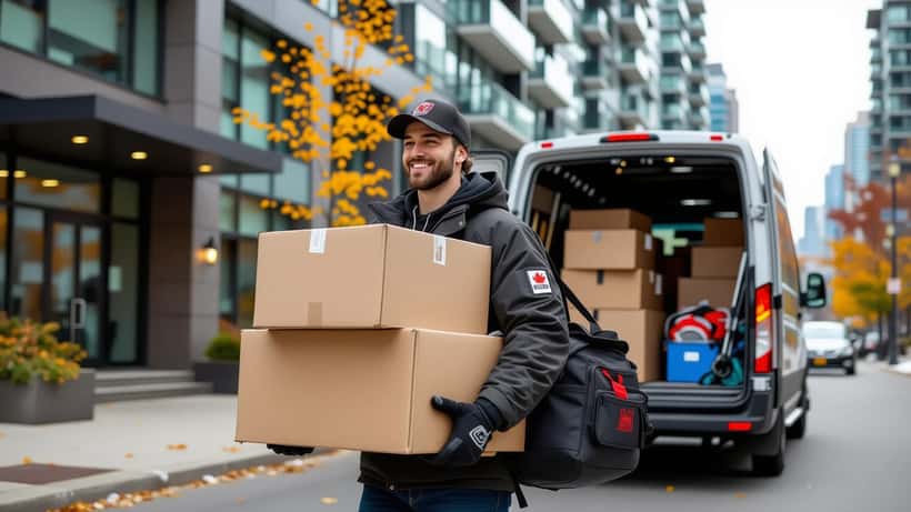 Young man in a hockey jacket carrying moving boxes out of a Toronto apartment building