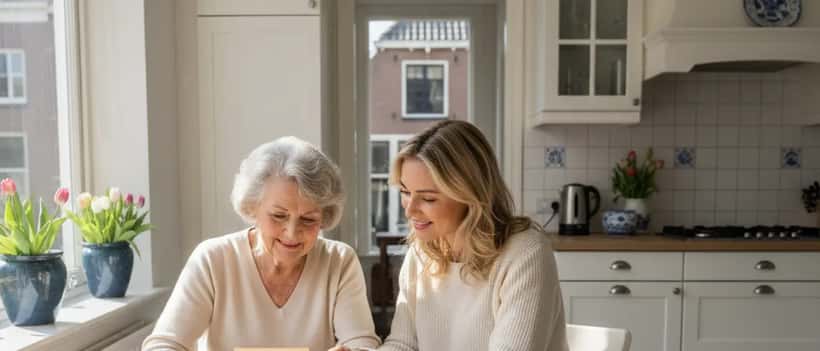 Oudere Nederlandse vrouw en haar dochter kijken samen naar oude familiefoto's aan de keukentafel
