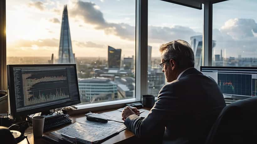 Financial adviser reviewing FTSE 250 stock charts on dual monitors in a London office with City skyline visible