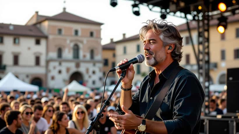 Musicista italiano sul palco di un festival estivo all'aperto in Puglia 2026