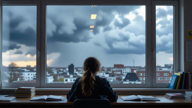 Dunkle Gewitterwolken über einem Schulgebäude in Deutschland im Juni 2026