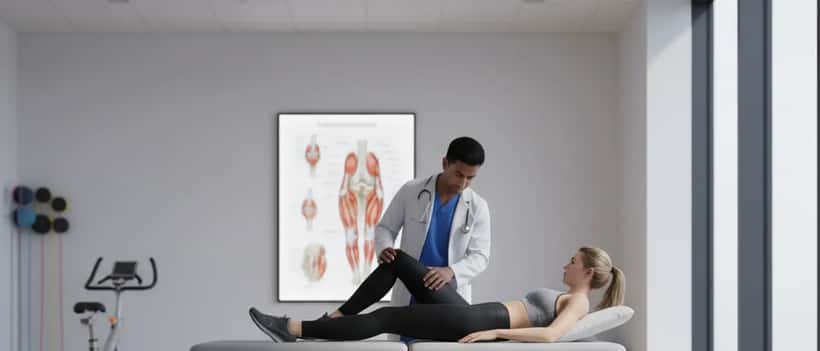 UK sports medicine doctor examining an athlete's knee in a modern sports clinic