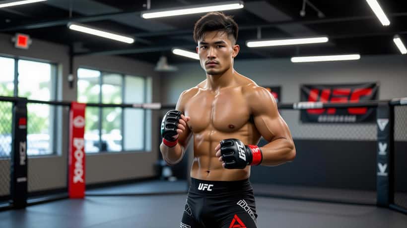 MMA fighter in fighting stance at a professional gym with octagon cage in background