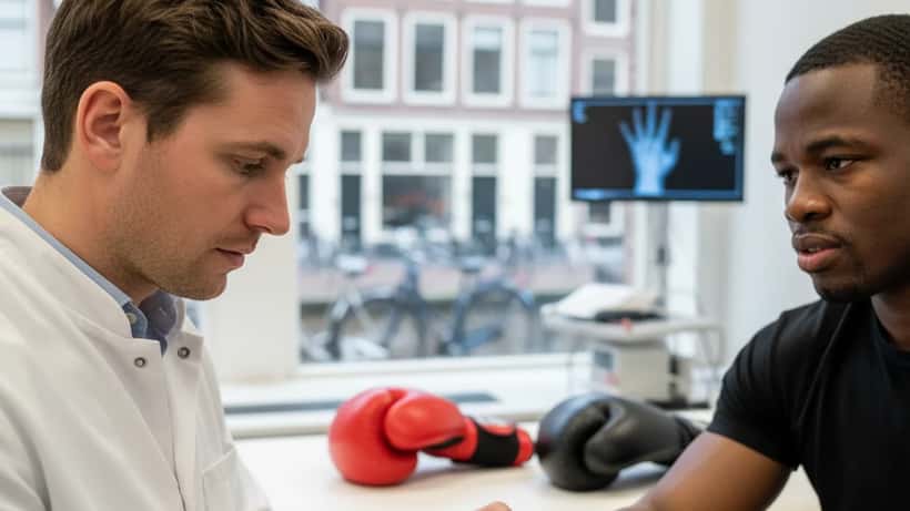 Nederlandse sportarts onderzoekt de hand van een geblesseerde boxer in een sportmedische kliniek in Amsterdam
