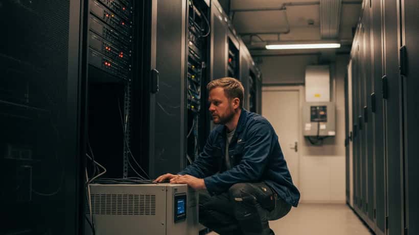 IT-tekniker kontrollerar UPS-utrustning i serverrum efter strömavbrott i Sverige