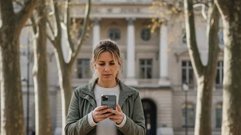 Femme française consultant ses documents juridiques devant le Palais de Justice de Rennes