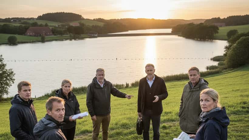 Luftfoto af Tange Sø i Midtjylland med dæmning og naturlandskab