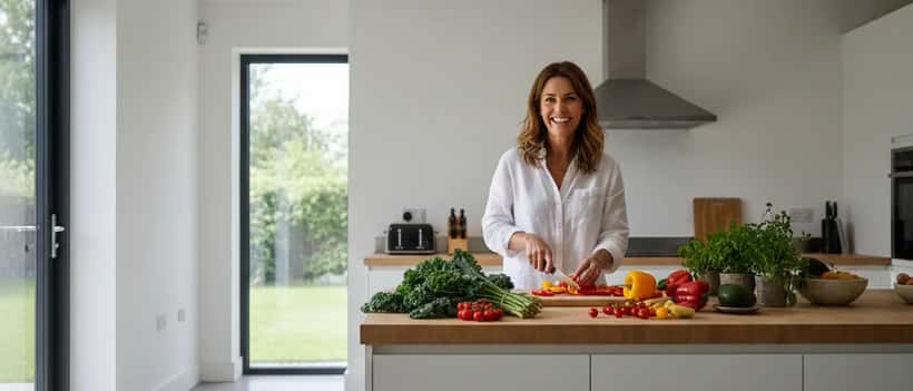 British woman chopping fresh vegetables in a bright kitchen, choosing healthy food over fast food in 2026