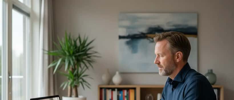 Nederlandse man overlegt online met een advocaat op laptop thuis met juridische documenten