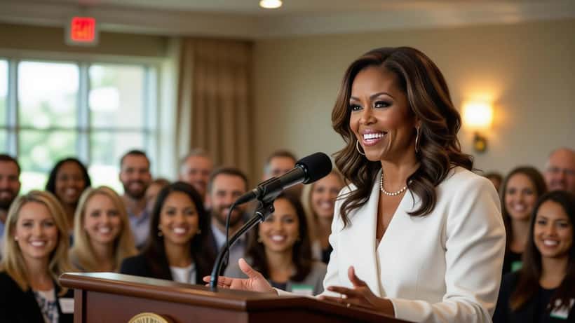 Michelle Obama puhumassa hyvinvointitapahtumassa