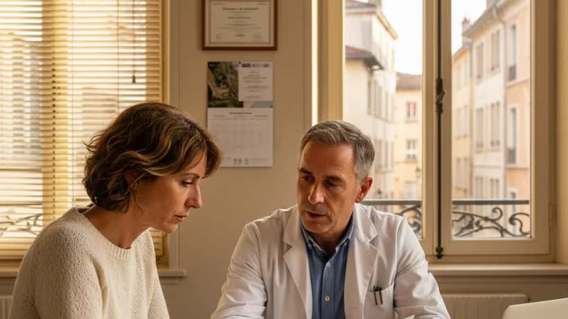 Femme française en consultation médicale pour un arrêt maladie, Lyon 2026