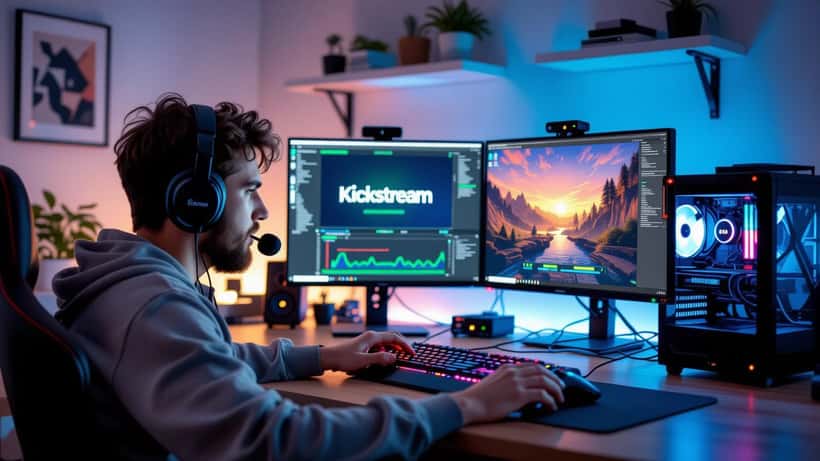 Giovane streamer italiano al suo setup da gaming con microfono e doppio schermo