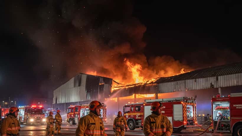Bombeiros combatendo grande incêndio em galpão comercial durante a madrugada