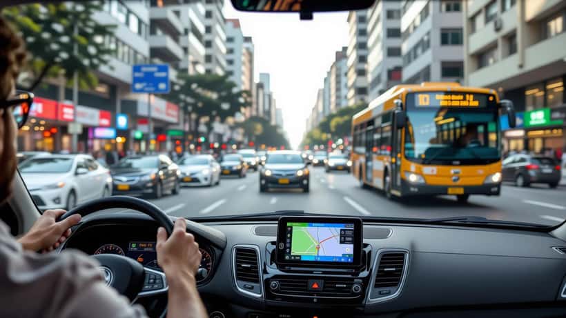 Motorista em São Paulo consultando app de navegação GPS no painel do carro em via urbana congestionada