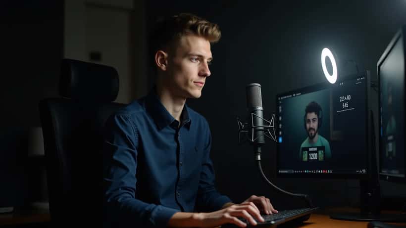 Ung man vid streaming-setup med dubbla skärmar och ring light i Stockholm