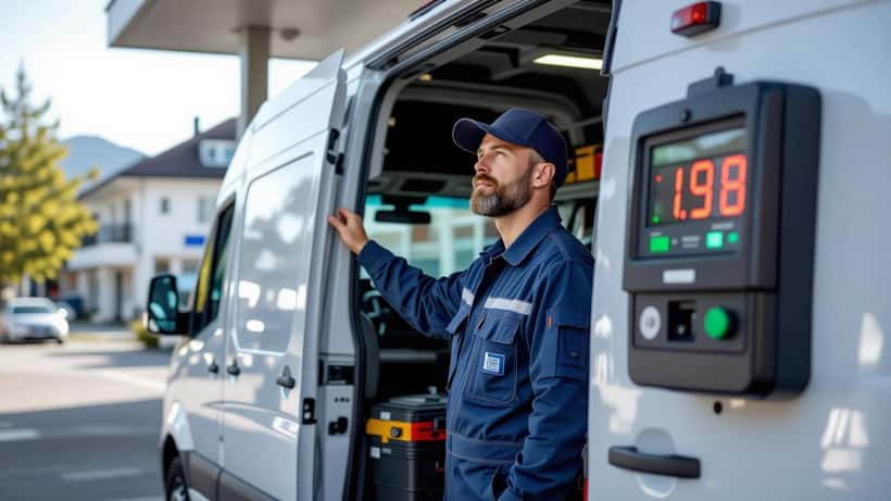 Handwerker in blauem Overall tankt weißen Transporter an einer Münchner Tankstelle und schaut auf die Preisanzeige