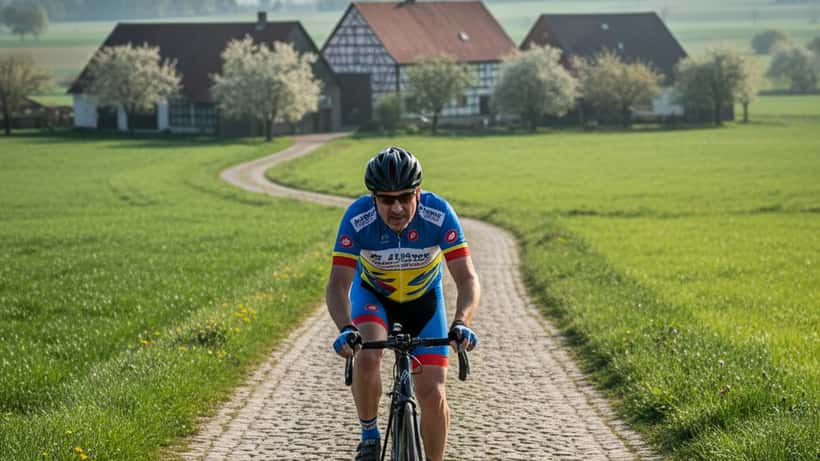 Deutscher Hobbyradfahrer auf Kopfsteinpflaster in belgischer Frühjahrslandschaft