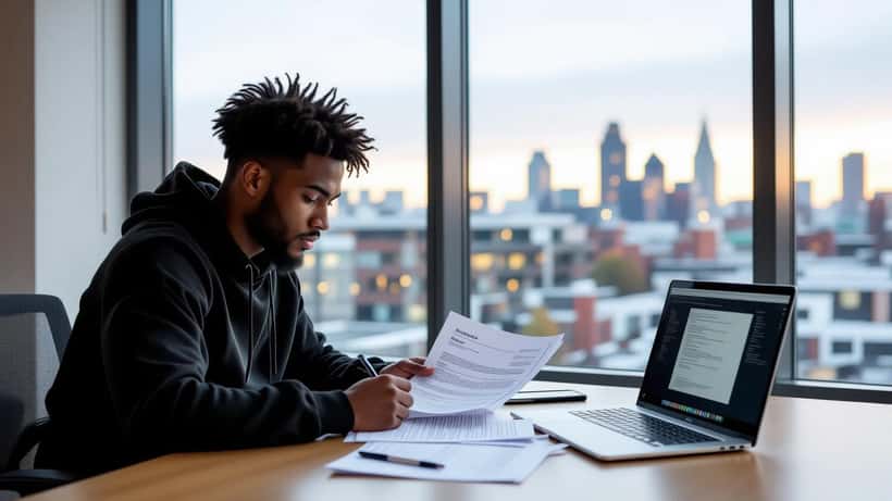 Young athlete reviewing NIL contract documents at a desk with a US college athletics website on laptop in a UK university meeting room