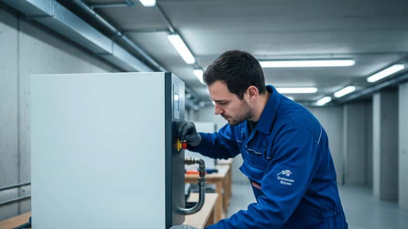 Handwerker inspiziert eine Erdwärmepumpe im Keller eines deutschen Wohnhauses