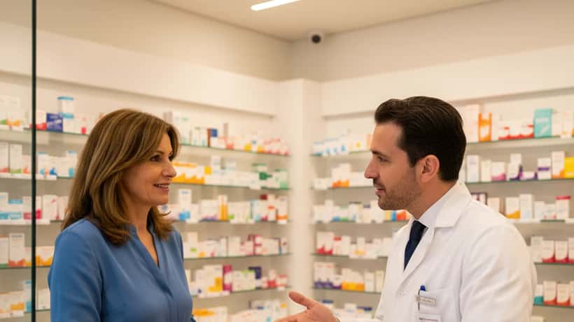 Donna italiana in farmacia che discute il trattamento con citisina per smettere di fumare con un farmacista