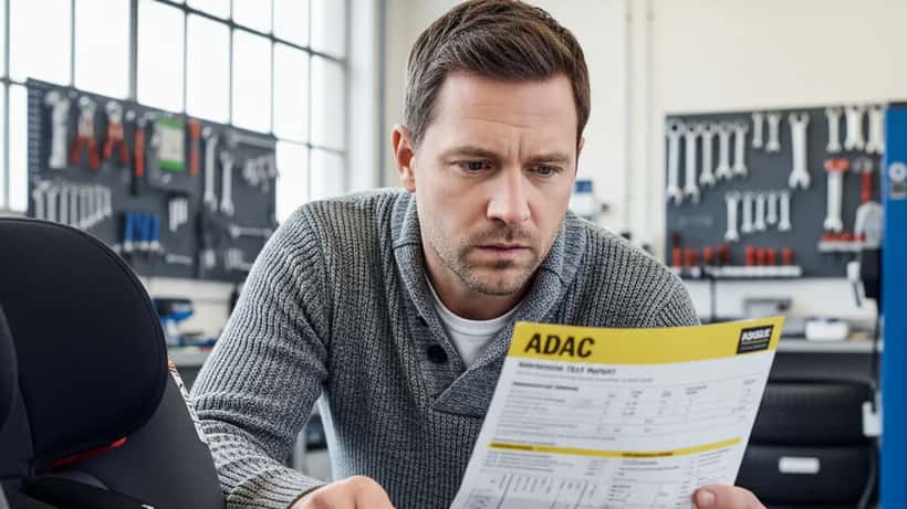 Vater prüft einen Kindersitz in einer Kfz-Werkstatt in München nach ADAC-Warnung 2026