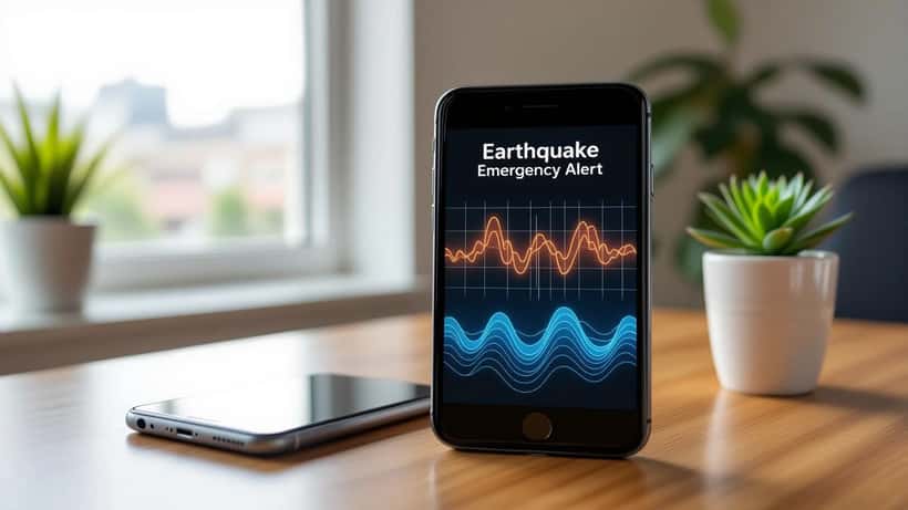 Smartphone displaying an earthquake emergency alert on a desk with seismic wave graphics