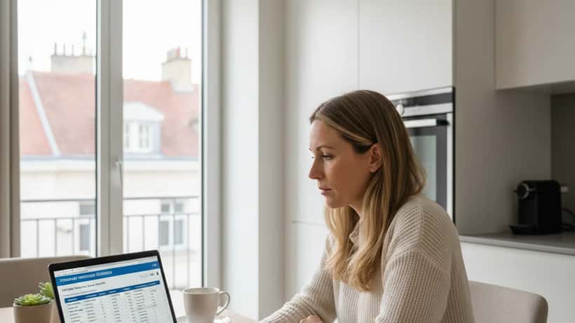 Österreichische Frau vergleicht Stromtarife am Laptop in moderner Wiener Küche