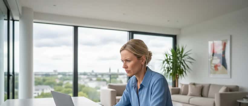 Frau dokumentiert Online-Beleidigungen am Laptop für Strafanzeige