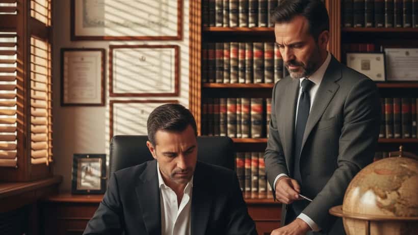 Avvocato italiano che consulta un cliente su contratti internazionali e diritti consolari