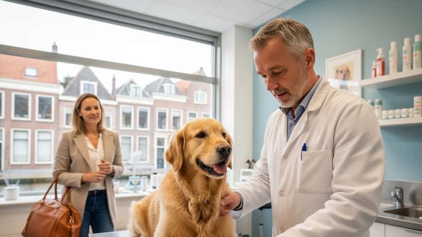 Nederlandse dierenarts controleert het Europees paspoort van een golden retriever bij een pre-reisconsultatie in Utrecht